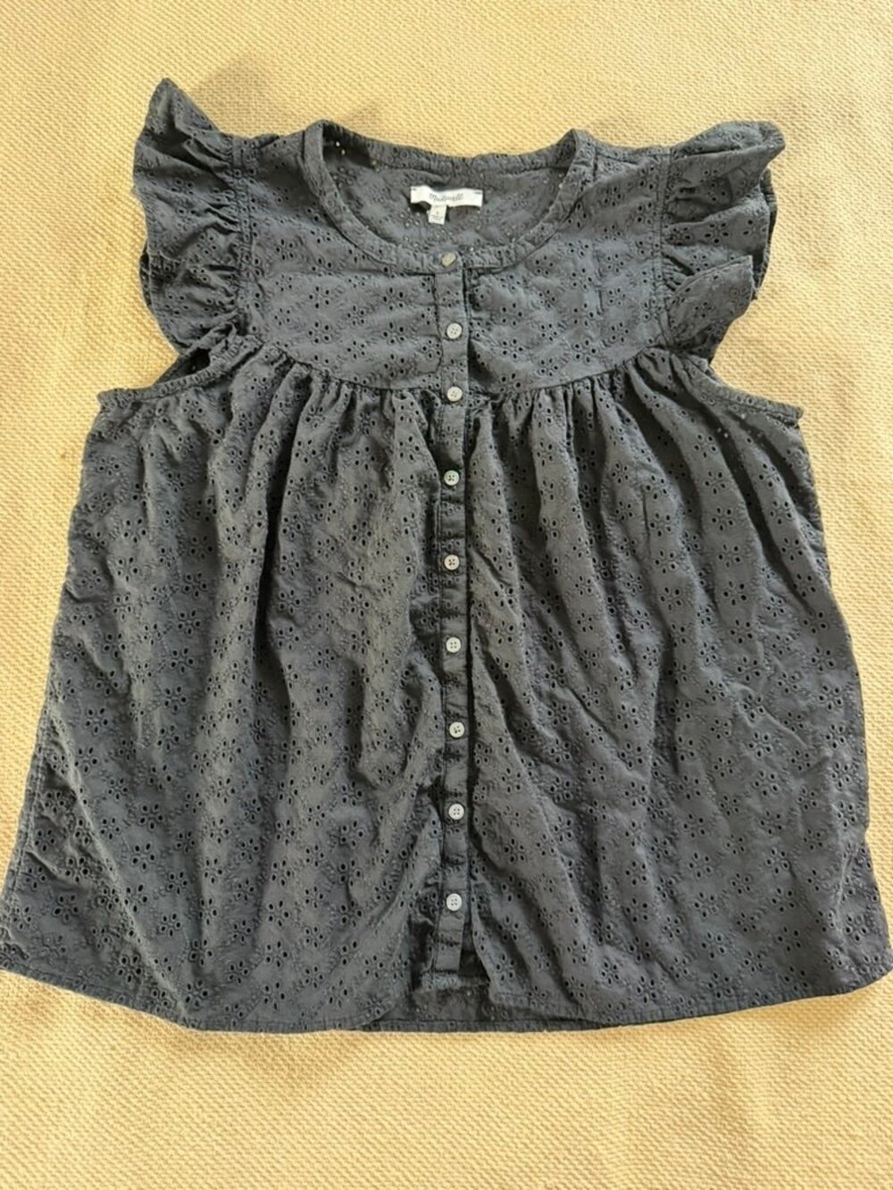 Madewell Ruffle-Sleeve Bib Top Women's L Black Eyelet Cotton Excellent